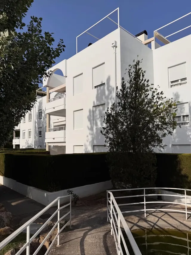 Complejo residencial blanco con terrazas, un árbol y un seto en primer plano